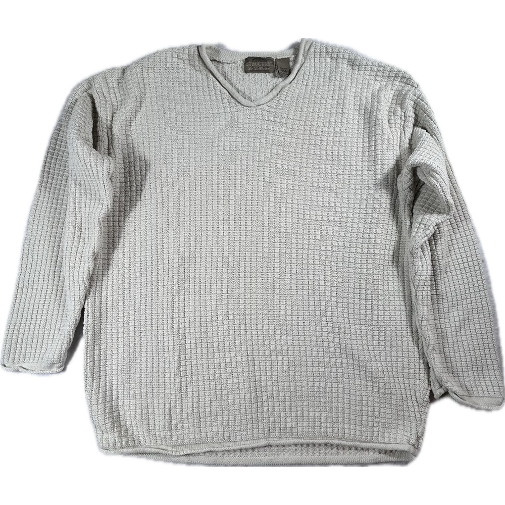 Vintage 90s Structure Men's L 100% Silk V Neck Waffle Knit Sweater Gray